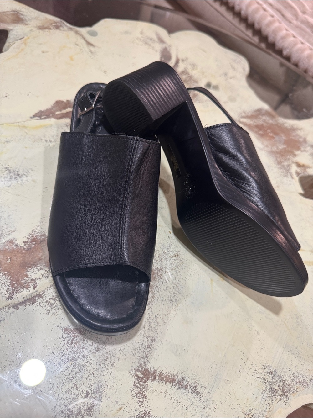 Women's Black Leather Open-Toe Slingback Block Heel Mules